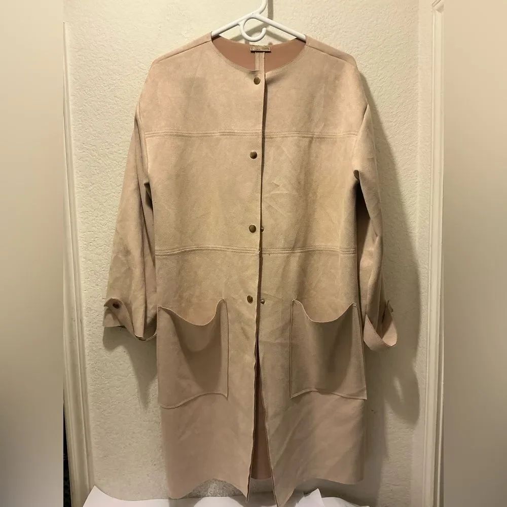 Zara camel faux suede collarless coat size L